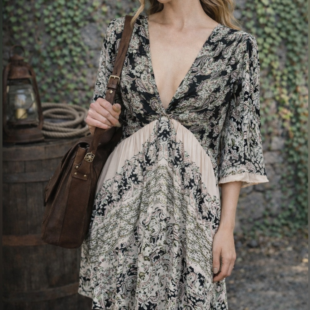 FREE PEOPLE Black, Cream, and Purple Paisley Boho Deep V-Neck Paisley Dress, S - Picture 1 of 12